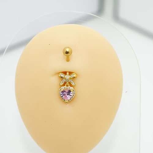B BodyPJ Sparkles Peach Heart Bow Stainless Steel CZ Dangle Navel Piercing Barbell Belly Button Rings For Women - color: Gold+Pink CZ