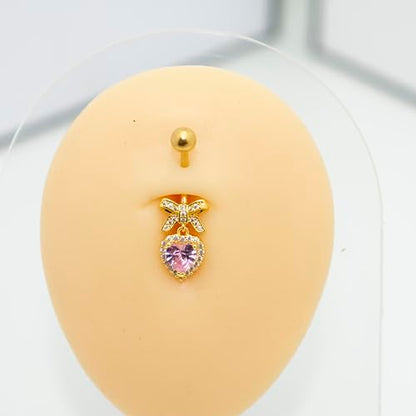 B BodyPJ Sparkles Peach Heart Bow Stainless Steel CZ Dangle Navel Piercing Barbell Belly Button Rings For Women - color: Gold+Pink CZ