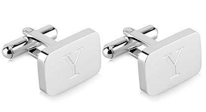 18K White-Gold Plated Initial Engraved Stainless Steel Men’s Cufflinks With Gift Box -Personalized Alphabet Letter’s A-Z By Lux & Pair - style: Y- White Gold