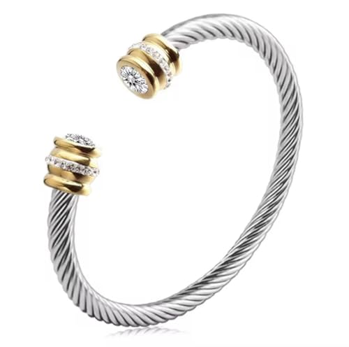 Birthstone Cable Cuff Bracelet for Women - Adjustable Open Cuff, Two-Tone Gold & Silver Twisted Bangle, Classic Stackable Jewelry Gift - color: Diamond