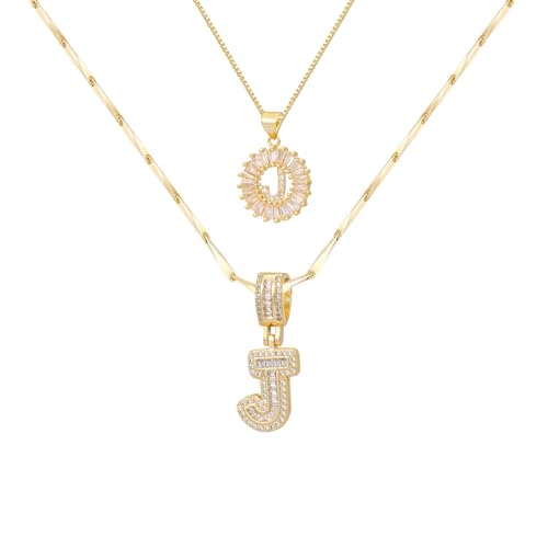 2PCS Initial Necklaces for Women, 14K Gold Plated Letter Pendant Set | Trendy Layered Bling Style, Meaningful Letter & Round CZ Pendant Design - color: Gold, style: Letter J