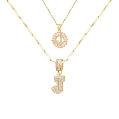 2PCS Initial Necklaces for Women, 14K Gold Plated Letter Pendant Set | Trendy Layered Bling Style, Meaningful Letter & Round CZ Pendant Design - color: Gold, style: Letter J