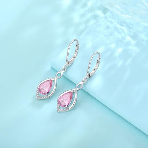 Infinity Teardrop Earrings 925 Sterling Silver Dangle Drop Leverback Earrings Birthstone Jewelry for Women - color: Pink