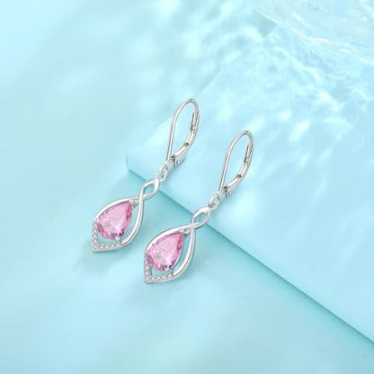Infinity Teardrop Earrings 925 Sterling Silver Dangle Drop Leverback Earrings Birthstone Jewelry for Women - color: Pink