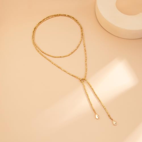Lariat Long Beaded Necklaces for Women Trendy Y-Shaped Pendant Necklace with Turquoise Baroque Pearl Drops Layered Bohemian Beaded Necklace Fashion Statement Jewelry Gifts - color: Gold1