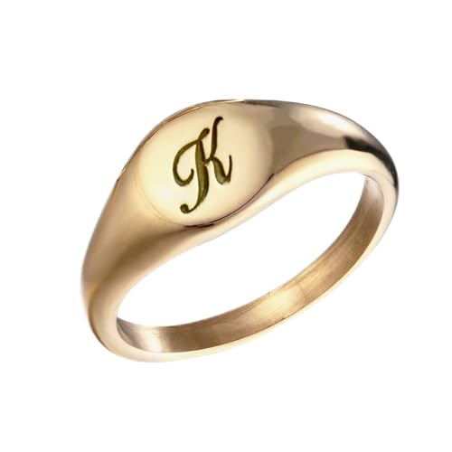 Personalized 925 Sterling Silver Letter Engraved Signet Pinky Ring For Women Custom Initial Band Statement Ring - color: Gold-Copper Material