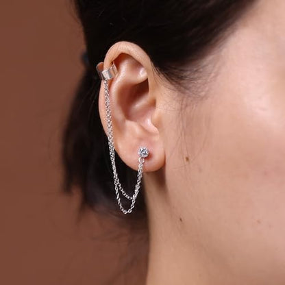 Bling Jewelry Geometric Cartilage Plain Band With Two Chains Ear Warp Cuff CZ Stud Ear Lobe Earring For Women Teens Men Rose 14K Gold Plated .925 Sterling Silver - color: Silver Tone