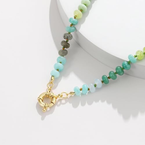 KissYan Beaded Gemstone Necklaces for Women | Colorful Bead Natural Stone Choker with 14K Gold Plated Spring Ring Clasp, Handmade Knot Jewelry for Summer Beach - color: F-Green