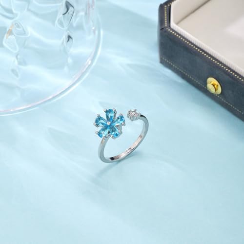 Rotating Blue Flower Fidget Rings for Women Sparkling Imitation Crystal Floral Open Stackable Adjustable Anxiety Spinner Ring Eternity Promise Wedding Band Comfort Fit Relieving Stress ADHD Jewelry