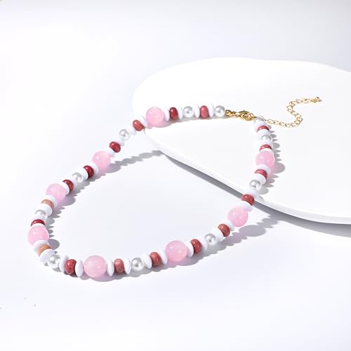 RISHEGAE Chunky Beaded Necklace for Women Boho Resin Beaded Choker Necklace Adjustable Surfer Beach Strand Necklaces Gold Handmade Acrylic Beads Jewelry Gift for Women - color: Style 3pink white
