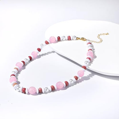 RISHEGAE Chunky Beaded Necklace for Women Boho Resin Beaded Choker Necklace Adjustable Surfer Beach Strand Necklaces Gold Handmade Acrylic Beads Jewelry Gift for Women - color: Style 3pink white