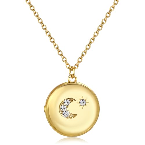 Locket Necklace for Women, Vintage Dainty Gold Heart Oval Butterfly Star Moon Engraved Picture Photo Lockets Pendant Necklaces Memorial Necklace Personalized Jewelry Valentine Gifts - style: Star Moon Round