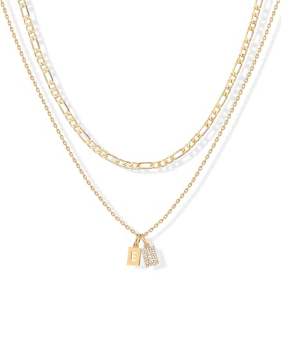 PAVOI Initial Necklace for Women, 14K Gold Plated Double Dog Tag CZ Pendant | Dainty Necklace, Letter Tag Necklace, Cubic Zirconia Pendant, Box Chain Necklace - style: - E