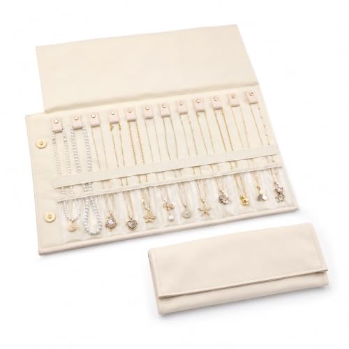 Travel Necklace Organizer Roll Up Jewelry Case, 12 Slots, Beige | Foldable travel jewelry organizer keeps necklaces, chains and bracelets separated in 12 slots to reduce tangles on the go.