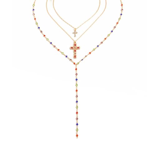 GIGB PBDK Gold Cross Layered Necklaces for Women,Long Colorful Crystal Drop Necklace Unique Big Crucifix Necklace Set,Aesthetic Religious Jewelry Accessories - color: Gold2