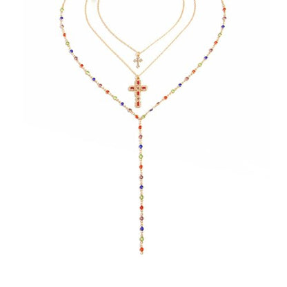 GIGB PBDK Gold Cross Layered Necklaces for Women,Long Colorful Crystal Drop Necklace Unique Big Crucifix Necklace Set,Aesthetic Religious Jewelry Accessories - color: Gold2