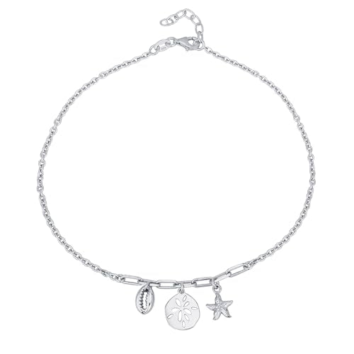 Vanbelle Sterling Silver Jewelry - Rhodium Plated with 925 Stamp - Sea Theme Dangling charm Anklet - Stylish Beautifully Designed for Women - 9" long + 1" extender