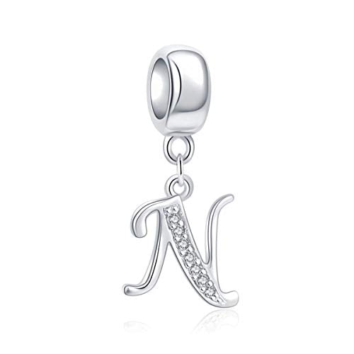 925 Sterling Silver Charms Alphabet Beads fit Pandora Charm Bracelets A-Z Letter Initial Spacer Dangle Clear CZ Stone Authentic for Snake Chain Bracelets - color: N