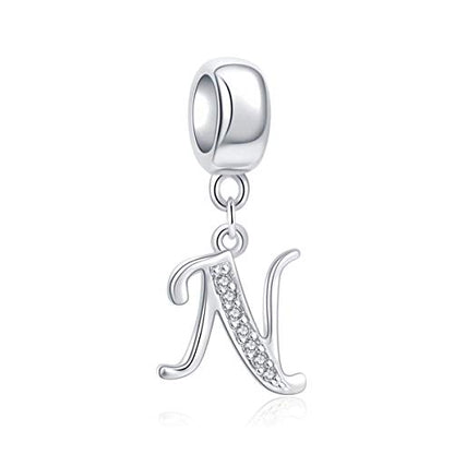 925 Sterling Silver Charms Alphabet Beads fit Pandora Charm Bracelets A-Z Letter Initial Spacer Dangle Clear CZ Stone Authentic for Snake Chain Bracelets - color: N