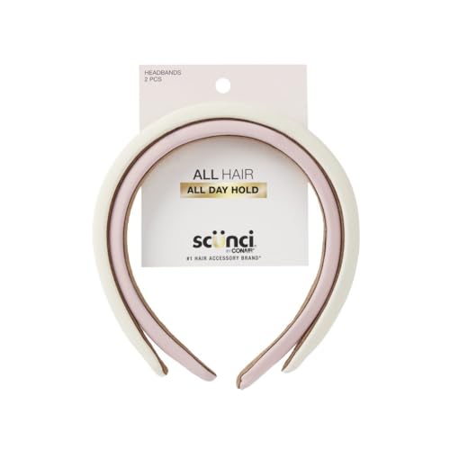 Scunci All Day Hold Padded Headbands for Women & Girls – Soft & Comfortable No-Slip Hairbands for Styling & Everyday Wear, Chic Pink & Off-White, 2-Pack
