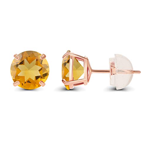Solid 14K Yellow or White or Rose Gold 6mm Round Genuine Birthstone Gemstone Prong Set Stud Earrings For Women - color: Citrine