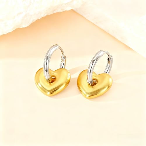 18K Gold Plated Heart Charm Hoop Earrings for Women, Two Tone Puffy Gold Heart with Silver Hoop Dangle Earrings, Polished Minimalist Heart Drop Huggie Hoops, Lightweight Romantic Jewelry