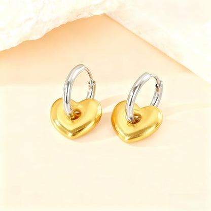 18K Gold Plated Heart Charm Hoop Earrings for Women, Two Tone Puffy Gold Heart with Silver Hoop Dangle Earrings, Polished Minimalist Heart Drop Huggie Hoops, Lightweight Romantic Jewelry