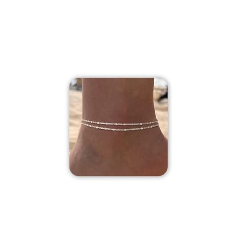Freekiss Sparkle Glitter Waterproof Ankle Bracelets for Women Trendy | Dainty Layered Anklet for Women Adjustable Womens Anklet Set Stackable Beaded Cuban Link Anklets Beach Jewelry for Women - color: ANKLET-Single clasp beaded chain-SL