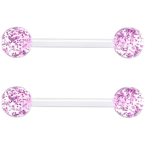 Sequin Barbell Piercing Set for Women Men 14 G Acrylic Hypoallergenic Tongue Ring Jewellery Cute Nipple Rings Piercings Bars Kit Clear Rod Long Body Jewelry 2 pcs Length 12 MM - color: Purple, size: 16 mm
