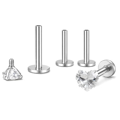 Titanium Heart CZ Labret Stud Earrings for Piercings by Ginger Lyne 6Pc Set G23 Screw Front Flat Back Body Jewelry 2 pair post 6mm, 8mm Cartilage, Helix, Tragus, Lip, Conch, Lobe - color: 5mm-Clear