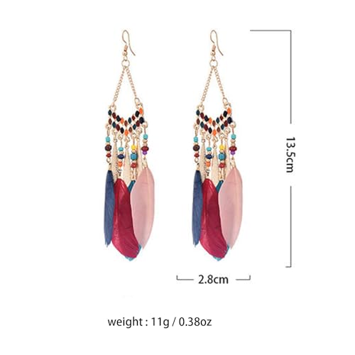 Faux Feather Fringe Tassel Long Dangle Earrings for Women | Bohemian Women Tassel Drop Jewelry - color: colorful