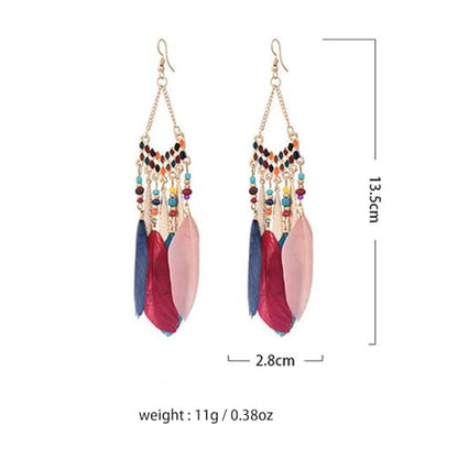 Faux Feather Fringe Tassel Long Dangle Earrings for Women | Bohemian Women Tassel Drop Jewelry - color: colorful