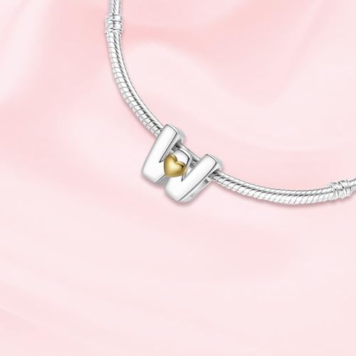 A~Z Alphabet Charm Letter Beads 925 Sterling Silver with Heart-shaped 5A Cubic Zircon Stones fits Pandora European Bracelets Necklace Jewelry Gift for Women - style: W Letter Charms