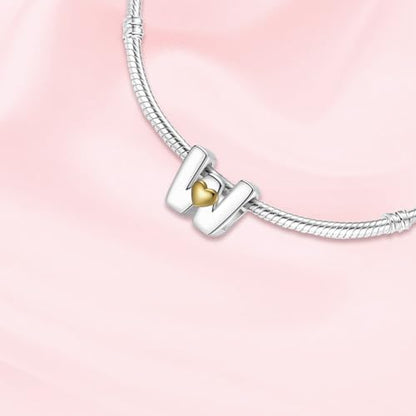 A~Z Alphabet Charm Letter Beads 925 Sterling Silver with Heart-shaped 5A Cubic Zircon Stones fits Pandora European Bracelets Necklace Jewelry Gift for Women - style: W Letter Charms
