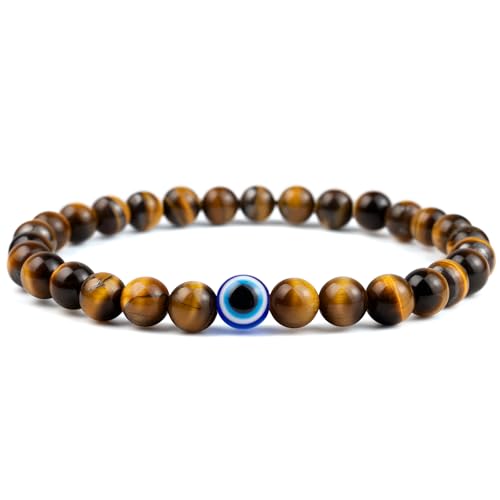 Evil Eye Bracelet 6mm Boho Beaded Bracelets for Men Gift for Birthday/Anniversary/Christmas - color: A05 Tigereye, size: Medium