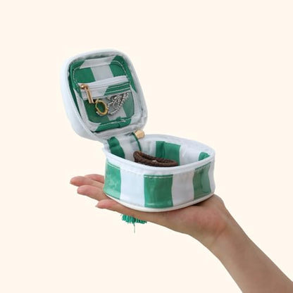 Travel Jewelry Case, White and Green | Clear Coated, Stripe, Tassels, Mini Storage Box for Ring,Necklace,Bracelet,Gift - color: White+Green