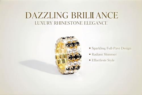 Sparkling Rhinestone Ring Set Trendy Elastic Rhinestone Crystal Stretch Ring Stackable Jewelry for Women Girls - color: 3 Rows Ring-Golden+White+Black