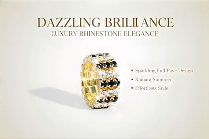 Sparkling Rhinestone Ring Set Trendy Elastic Rhinestone Crystal Stretch Ring Stackable Jewelry for Women Girls - color: 3 Rows Ring-Golden+White+Black