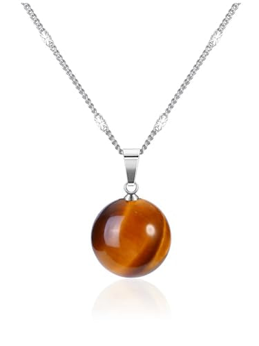 Jovivi Amethyst Obsidian Healing Crystals Ball Necklace for Women Men | 14mm Natural Stone Round Ball Bead Necklace Handmade Gemstone Pendant Protection Crystals Birthstone Jewelry - color: Tiger Eye