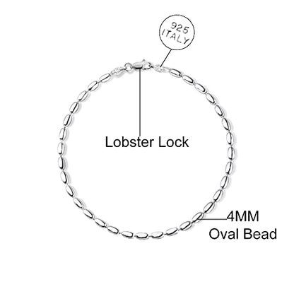 Savlano 925 Sterling Silver Oval Rice Bead Strand Chain Anklet For Women - Made in Italy Comes With a Gift Box - style: 4MM