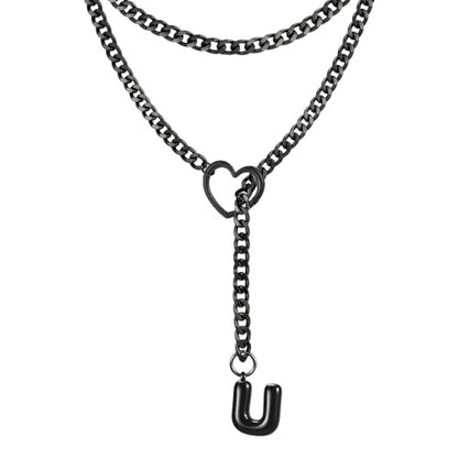 Black Heart Slip Chain Initial Necklaces for Women, Stainless Steel Wrap Choker Necklace, Gothic O-Ring Adjustable Lariat Y Necklaces, Punk Cuban Collar Choker Necklace, Halloween Jewelry Gift - color: Black U
