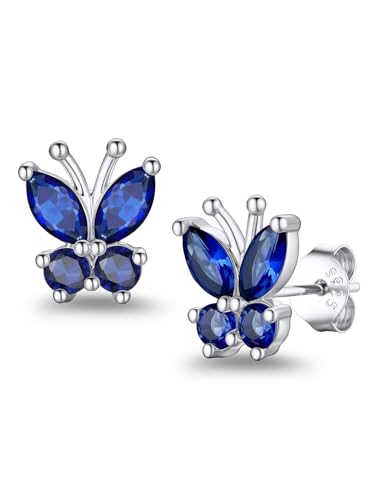 Suplight Butterfly Stud Earrings 925 Sterling Silver 14K Gold Brithstone Earrings for Women Brithstone Jewelry Gifts - color: 09.September ( Sapphire), size: Silver