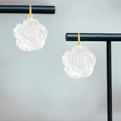 Handmade Bohemian Aesthetic Dainty Acrylic Flower Petal Leverback Earrings Sparkly 14K Gold Floral Dangle Drop Earrings for Women - color: White