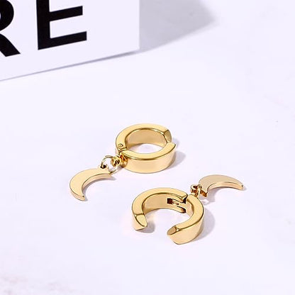 Black Hinged Earrings Hoop-Clip On Moon Dangle Hoops-Stainless Steel Punk Earrings Jewelry for Women Men - color: 3 Pairs