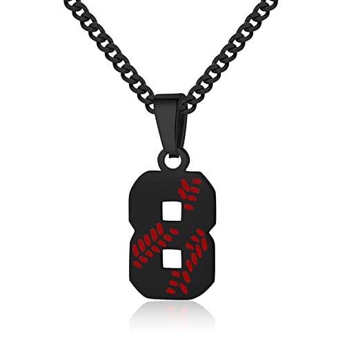 Hatti Doris Baseball Number Necklace for Men 00-99 - Jersey Number Necklace with Stainless Steel Gold Plated Chain & Baseball Charm Pendant - color: Black, style: 8
