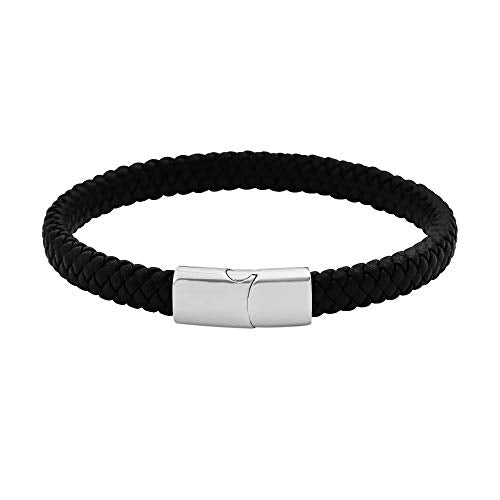 Geoffrey Beene Men's Braided Genuine Leather Bracelet with Stainless Steel Closure - color: Silver