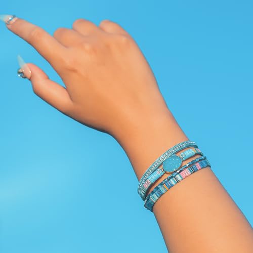 Boho Chunky Leather Wrap Bracelets Stackable Beaded Western Country Jewelry | Crystal Bead Trendy Layered Cuff Magnetic Clasp Stack Bohemian Statement Costume Outfits Cowgirl Fashion Hippie Accessories - color: Boho Blue, size: 7.7"