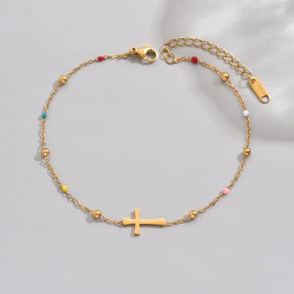 18K Gold Plated Boho Beaded Anklets for Women Dainty Gold Layered Round Ball Ankle Bracelet Pearl Cross Anklet Bracelet Waterproof Gold Jewelry - color: Colorful Beads Cross-Gold