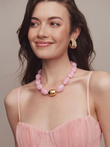 Chunky Beaded Necklaces for Women Statement Necklace | Bold Chunky Choker, Large Resin Beads, Adjustable Necklace, Boho Trendy Summer Beach Holiday Jewelry - color: Pink-04