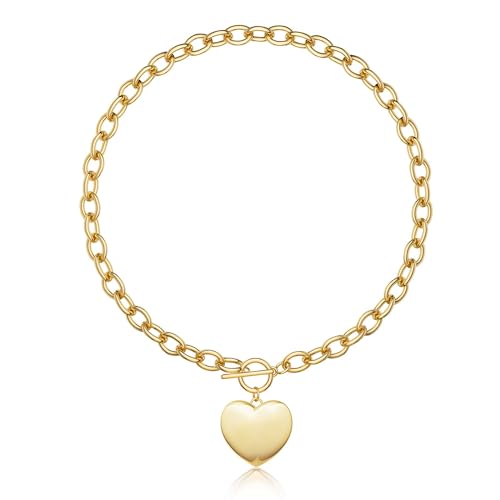 CHESKY 14K Gold Plated Chunky Necklace for Women, Trendy Toggle Clasp | Statement Pendant Necklace, Layered Paperclip Chain, Toggle Clasp Design, Thick Gold Chain, Non Tarnish Everyday Jewelry - color: gold, style: heart